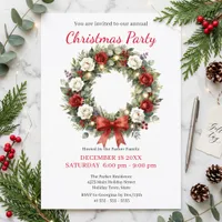 Elegant Red Rose Wreath Winter Christmas Party Invitation