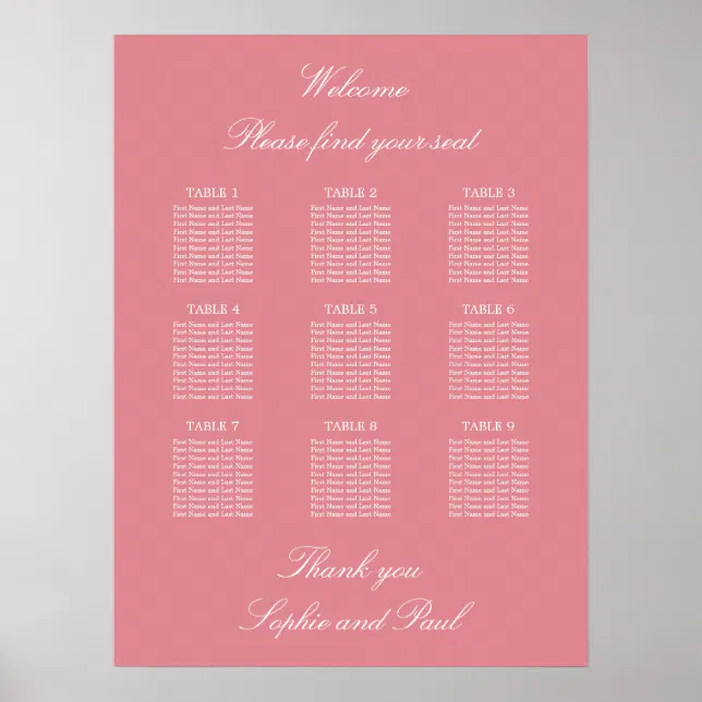 Blush Pink 9 Table Wedding Seating Chart Poster