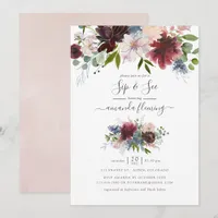 Burgundy, Navy and Blush Floral Sip and See Invitation
