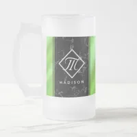 Elegant Black Marble & Lime Green Foil Monogram Frosted Glass Beer Mug