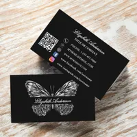 Butterfly black silver QR code elegant script Business Card