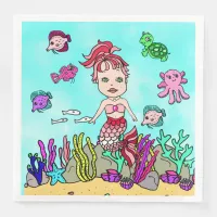 Cute Pink and Blonde Ponytail Mermaid Birthday Paper Dinner Napkins