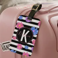 Preppy Black White Striped Pink Blue Floral Luggage Tag