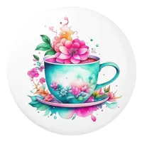 Pretty Vintage Coffee Cup with Pink Flowers Ceramic Knob