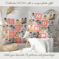 Cute MOM Personalized 12 Photo Collage Coral Peach Throw Pillow