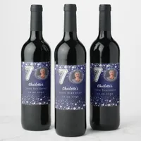 70th birthday navy blue silver stars photo wine label