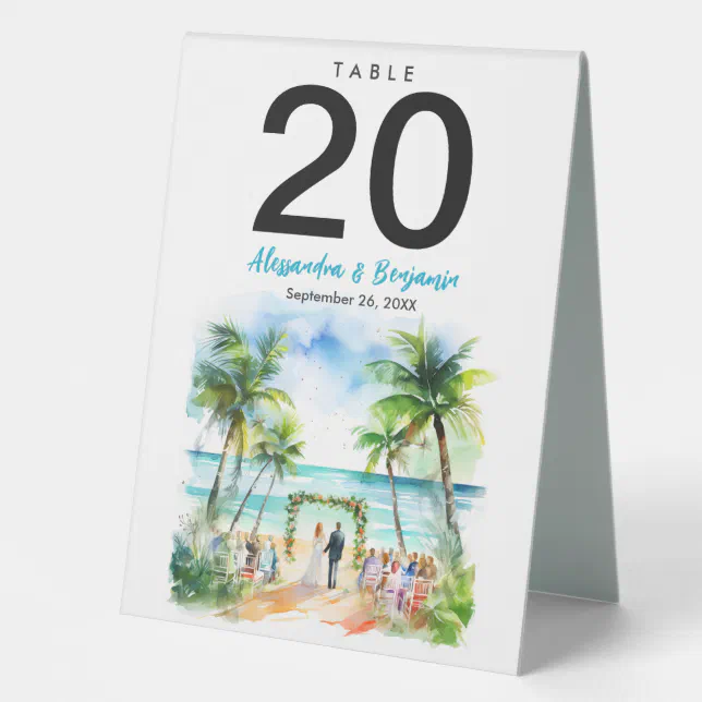 Beach Wedding Day in Watercolor Wedding Table Tent Sign