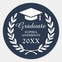 Classic Navy Blue Laurel Wreath Grad Cap Emblem Classic Round Sticker