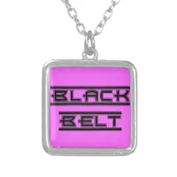 Bold Martial Arts Black Belt on Pink Silver Plated Necklace