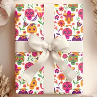 Day Of The Dead White Colorful Sugar Skull Pattern Wrapping Paper