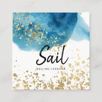 *~* Sailing Beach Blue Watercolor  Gold Glitter Square Business Card