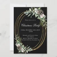 Cone pine greenery gold black Christmas Party Invitation