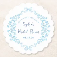  "Tie the Knot" Something Blue Bow Bridal Shower  Paper Coaster