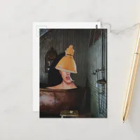 Beautiful woman in copper bathtub surreal collage postcard