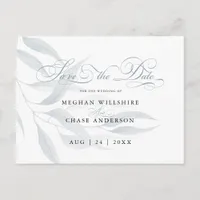 Save the Date Dusty Blue Eucalyptus Leaves White Postcard