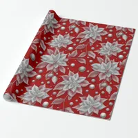 Silver Poinsettia Flower on Red Christmas Wrapping Paper