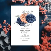 Coral, Navy and Silver Floral Wedding Invitation