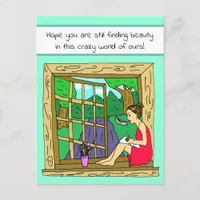 Thinking about you Hand Drawn Cartoon Lady Drawing Postcard