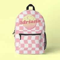 Girls Name Groovy Pink White Wavy Checkerboard  Printed Backpack