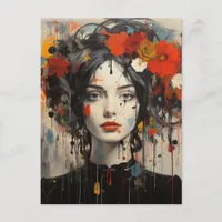Lady With Flowers in Her Hair Grunge Beauty Postcard