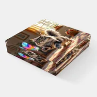 A Cute Fluffy Cat Chasing a Feather Paperweight