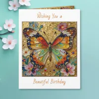 Beautiful Impasto Butterfly and Flowers Birthday Card