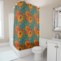 Boho Flowers Blue and Orange Shower Curtain