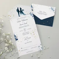 Wedding 3 in 1 Budget Navy Blue and Gold with RSVP All In One Invitation