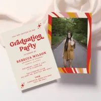 Retro Groovy Ivory Red 70s Graduation Party Photo Invitation