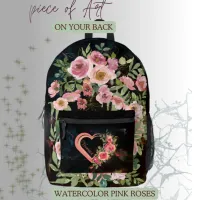 Pink Heart on black  Printed Backpack