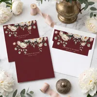 Watercolor Dark Moody Burgundy White Peony Wedding Envelope Liner