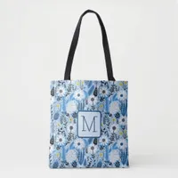 Blue and White Daisies and Leaves Block Monogram Tote Bag