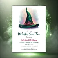 Whimsical Crown & Green Wicked Witch Hat Birthday Invitation