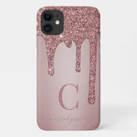 Modern Rose Gold Sparkle Glitter Drips Monogram iPhone 11 Case