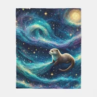 Otter in a Starry Night Ocean Fleece Blanket