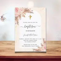 Baptism pampas grass rose gold blush marble girl invitation