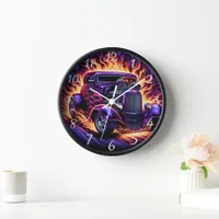 Classic hot rod with fiery flames at sunset clock