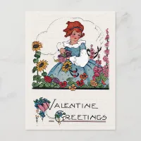 Vintage Valentine Girl in Flower Garden Card