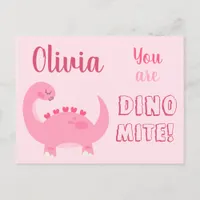 Cute pink dinosaur girl Valentine's Day Dino-Mite Postcard