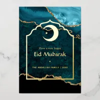 Eid Mubarak Teal - Turquoise and Gold Agate Foil Holiday Card