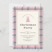 Elegant Pink Watercolor Tree Plaid Christmas Party Invitation