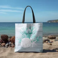 Starfish Beach Sand Dollar Driftwood Aqua Tote Bag