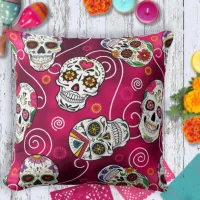 Sugar Skulls and Swirls Rose Red ID725 Throw Pillow