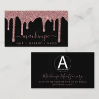 Black Rose Gold Glitter Drips Business Logo Card