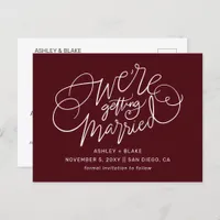 Burgundy Handwritten Calligraphy Save the Date Announcement Postcard