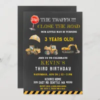 Yellow Construction Trucks Boy Birthday Party Invitation