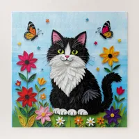 Cute Black and White Cat, Flowers and Butterflies Jigsaw Puzzle