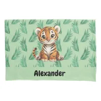 Cute Cartoon Tiger on Tropical Leaves Pillow Case