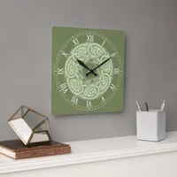 Celtic Knotwork Fish in Green Square Wall Clock