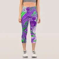 Purple and Lime Green Marble Fluid Art  Capri Leggings